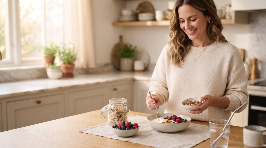 Une femme prépare un bol de yaourt avec des fruits et des amandes dans une cuisine lumineuse.